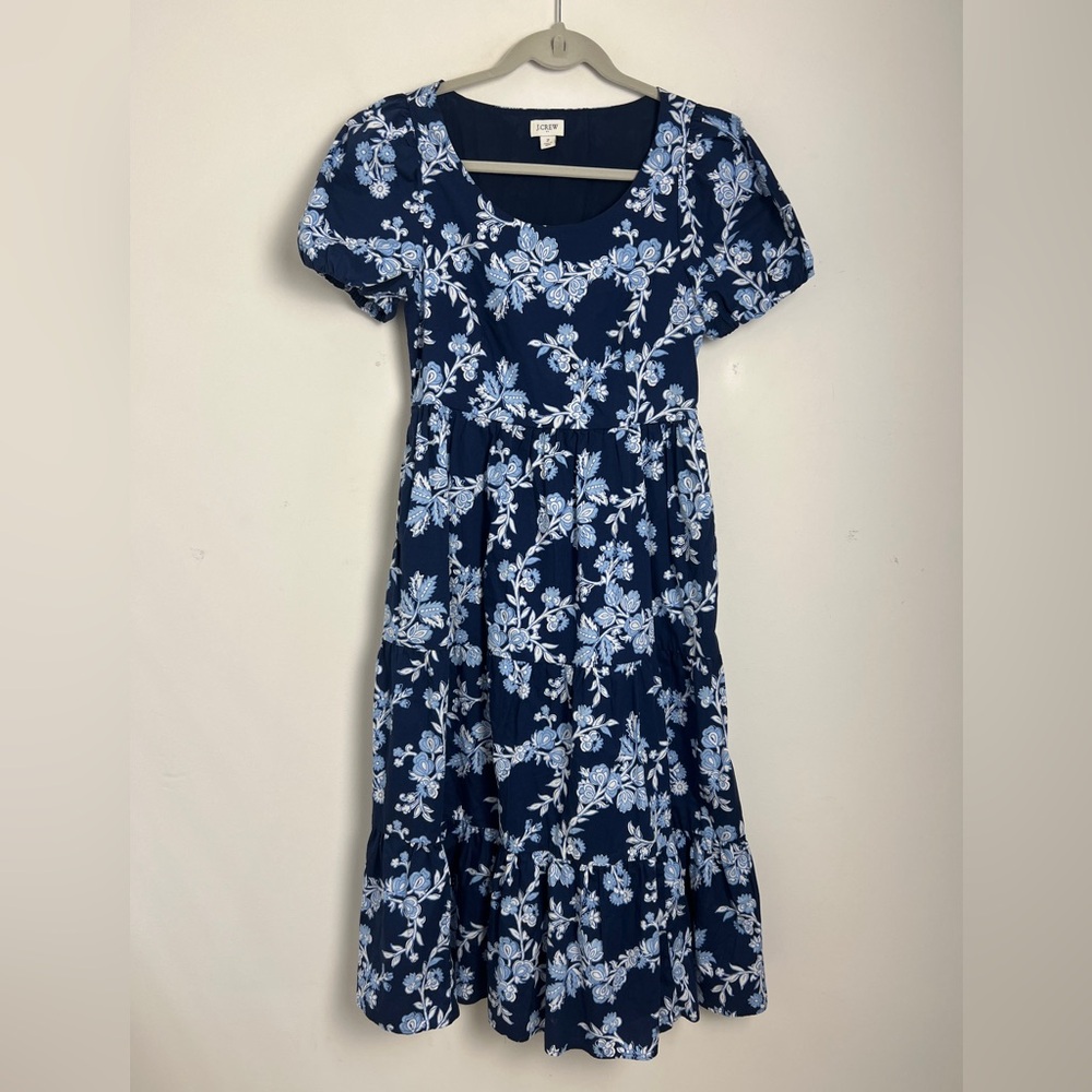 J. Crew Factory Size 2 Blue Floral Cotton Poplin Puff Sleeve Tiered Midi Dress